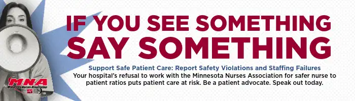 Banner with a nurse and a megaphone that says "If you see something, say something"